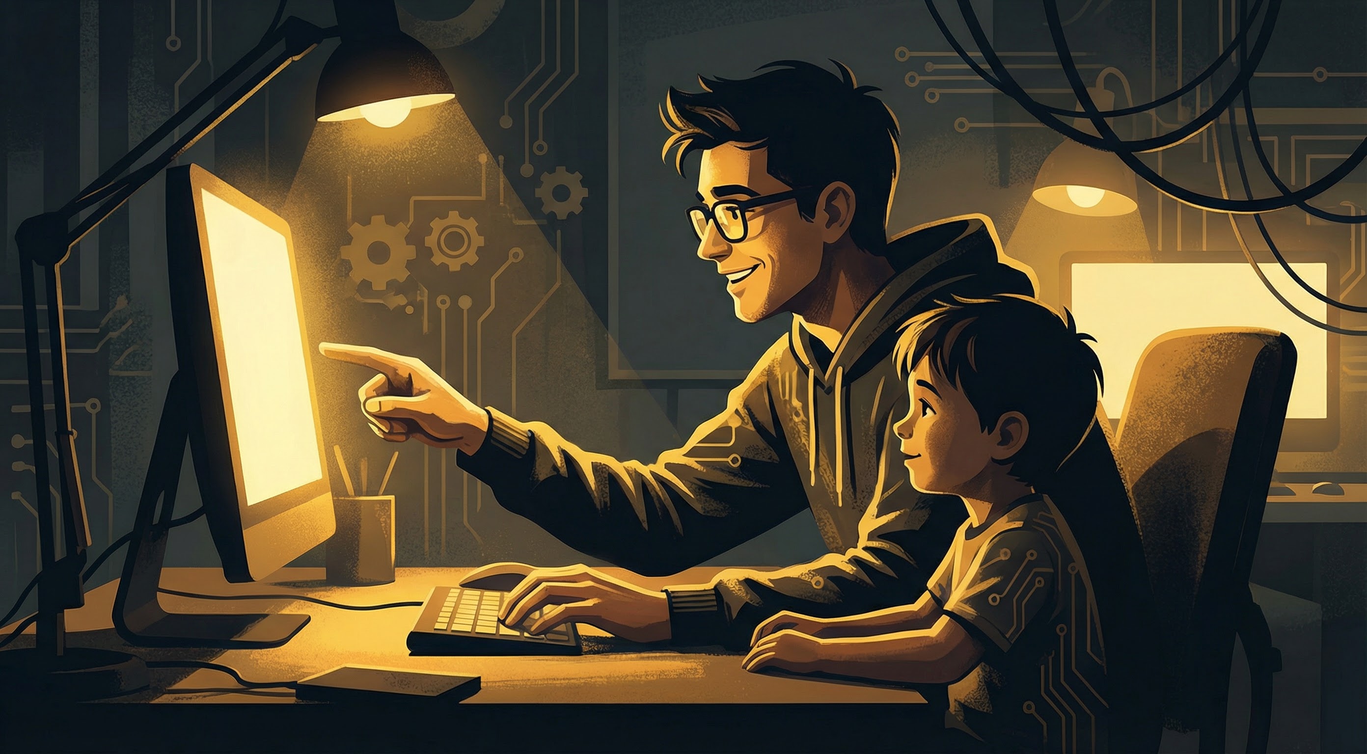 IT-наставник до 35 лет проводит занятие по программированию и ИИ с ребёнком